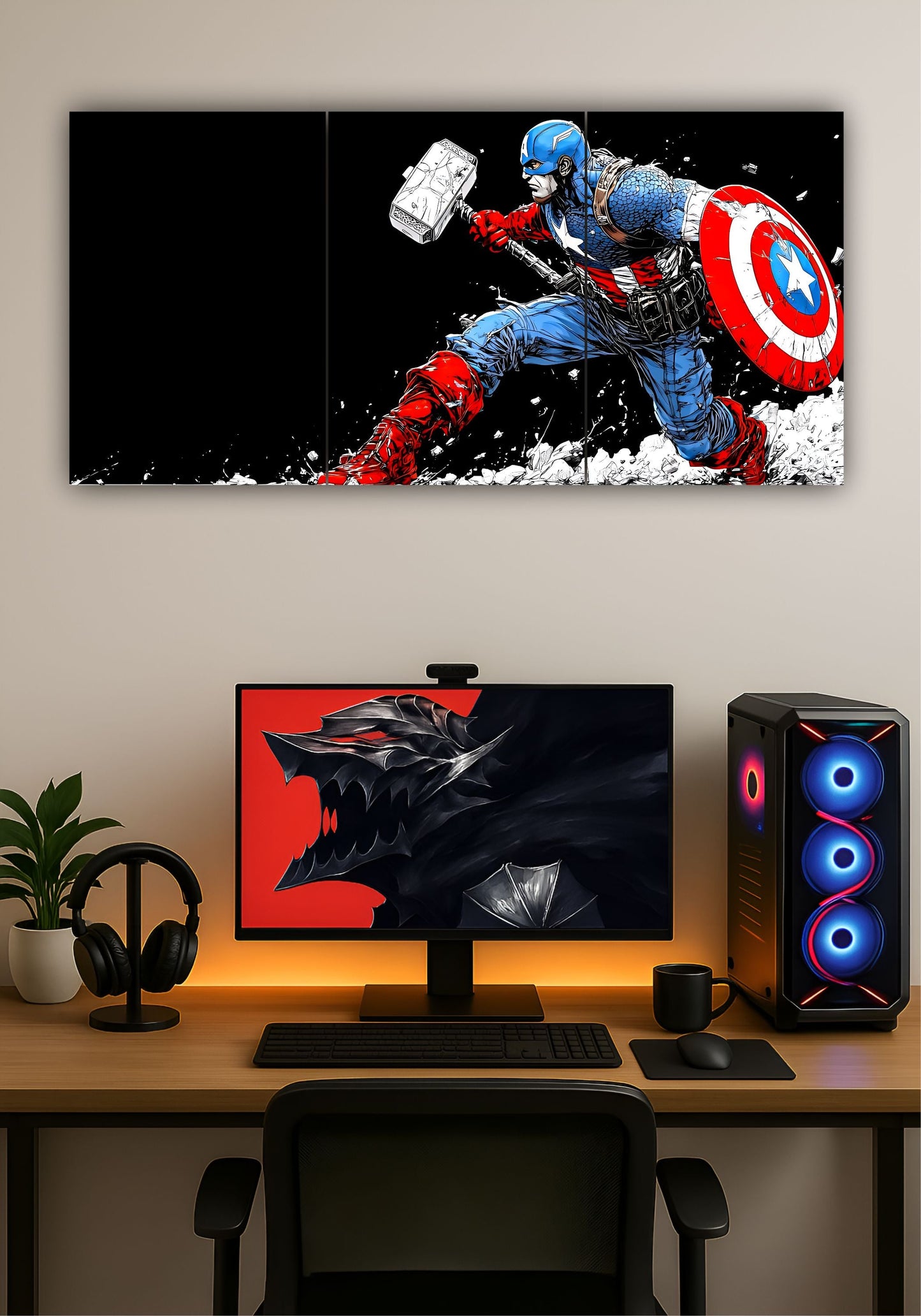 Captain America with Thor’s Hammer Split Design Poster – Marvel Superhero Wall Art PITSSTOP