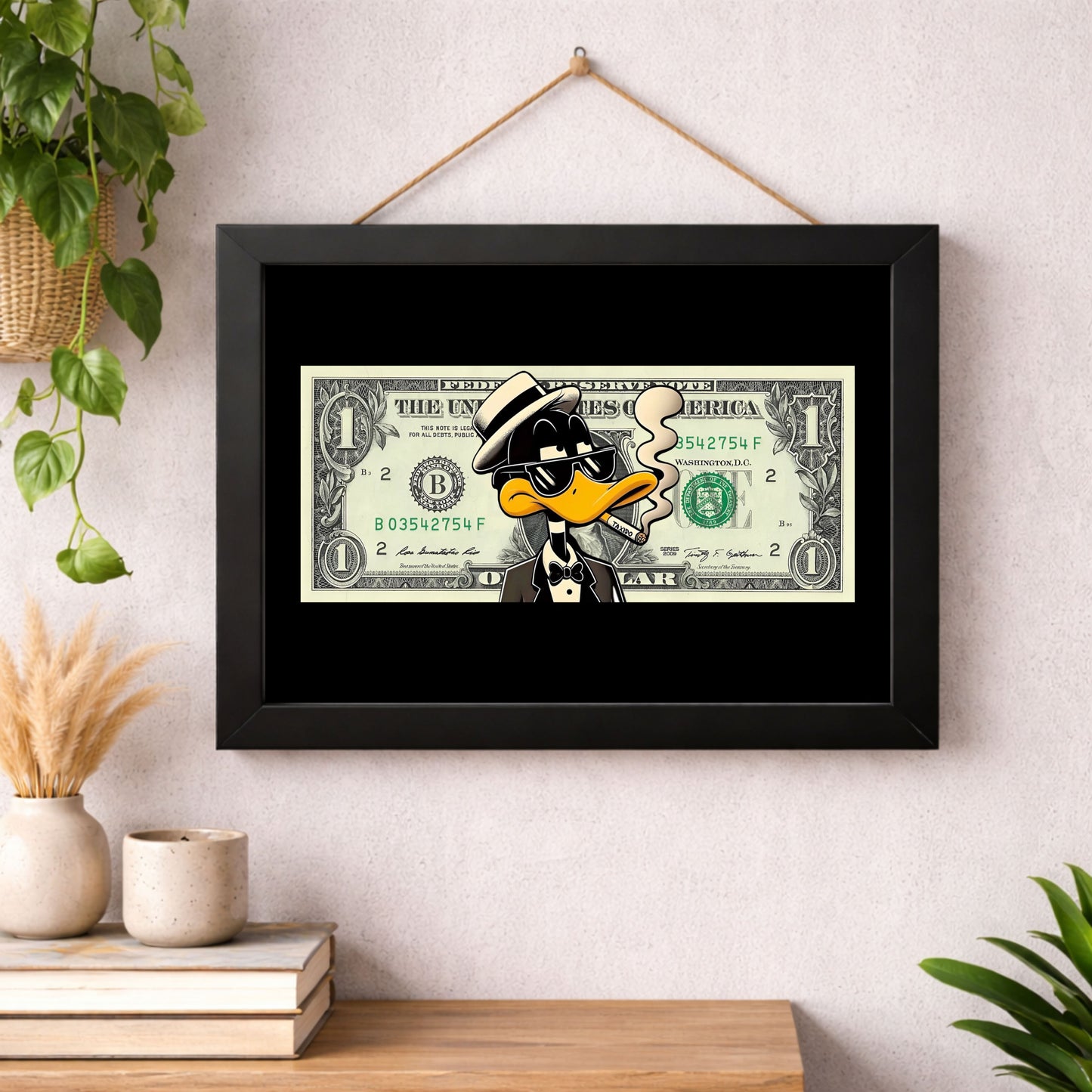 Daffy Duck on 1 Dollar Note Black Frame Wall Art