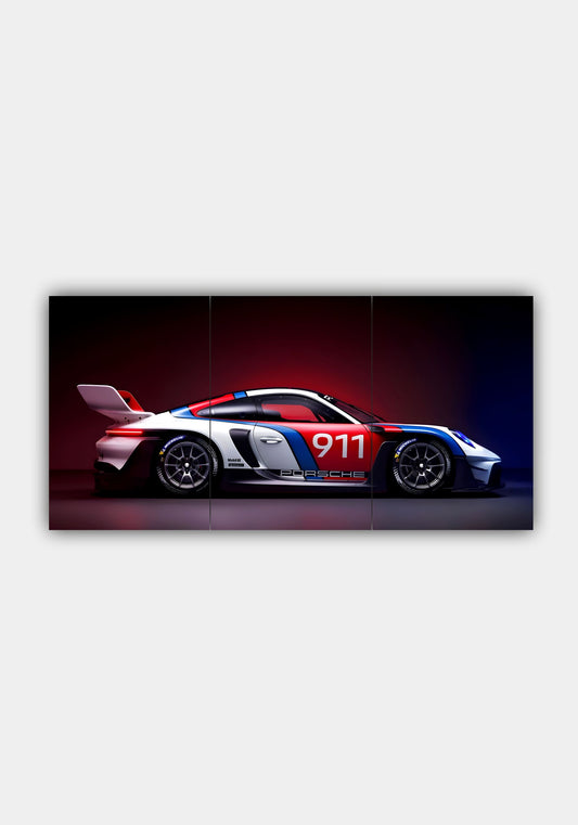 Porsche 911 Turbo Split Design Poster – White Red Blue Sports Car Aesthetic Wall Art PITSSTOP