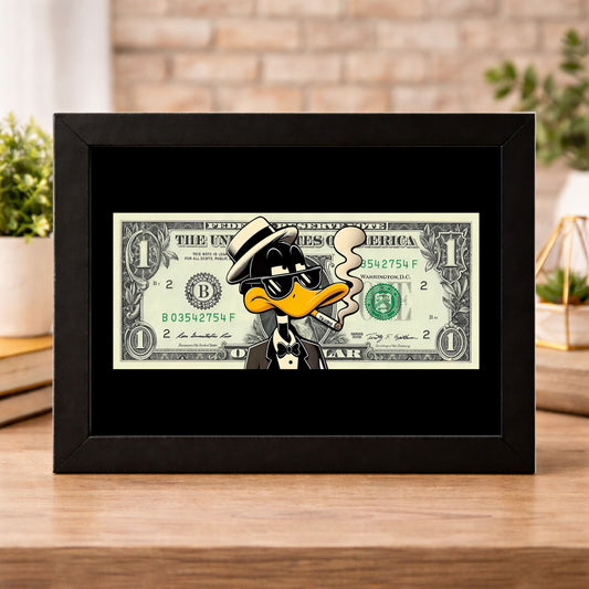 Daffy Duck on 1 Dollar Note Black Frame Wall Art
