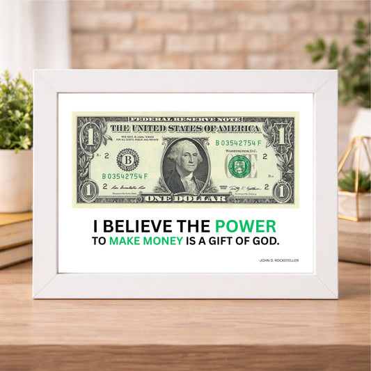 1 US Dollar White Frame Finance Quote Wall Art by John D. Rockefeller