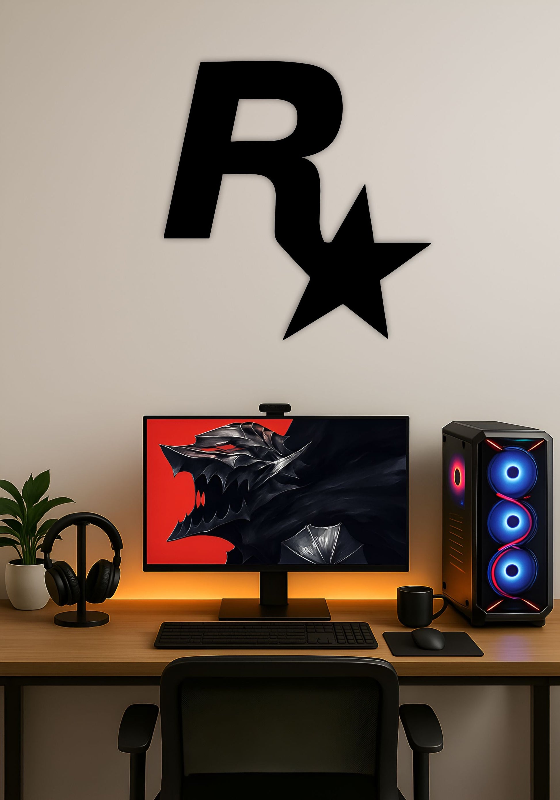 Rockstar Games Logo LED Wall Light – Gaming Setup Wall Art PITSSTOP