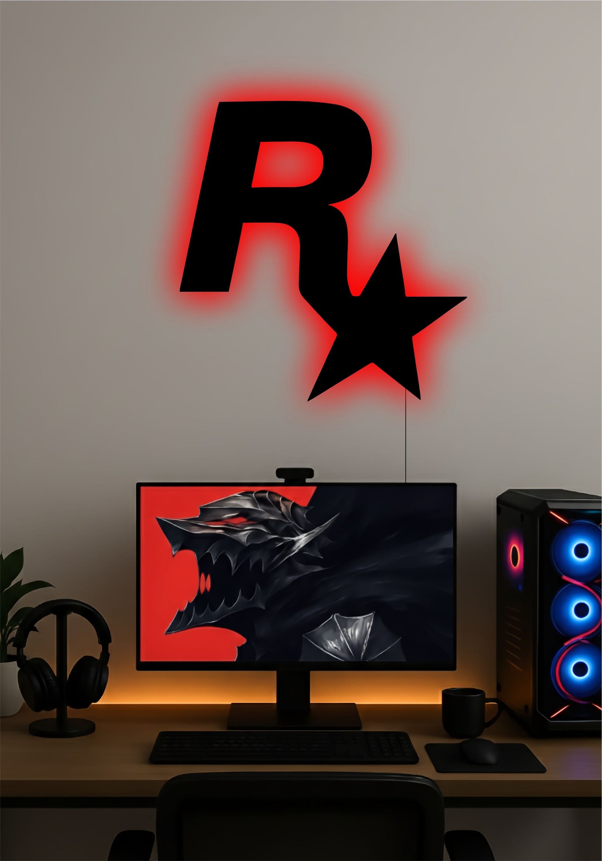 Rockstar Games Logo LED Wall Light – Gaming Setup Wall Art PITSSTOP