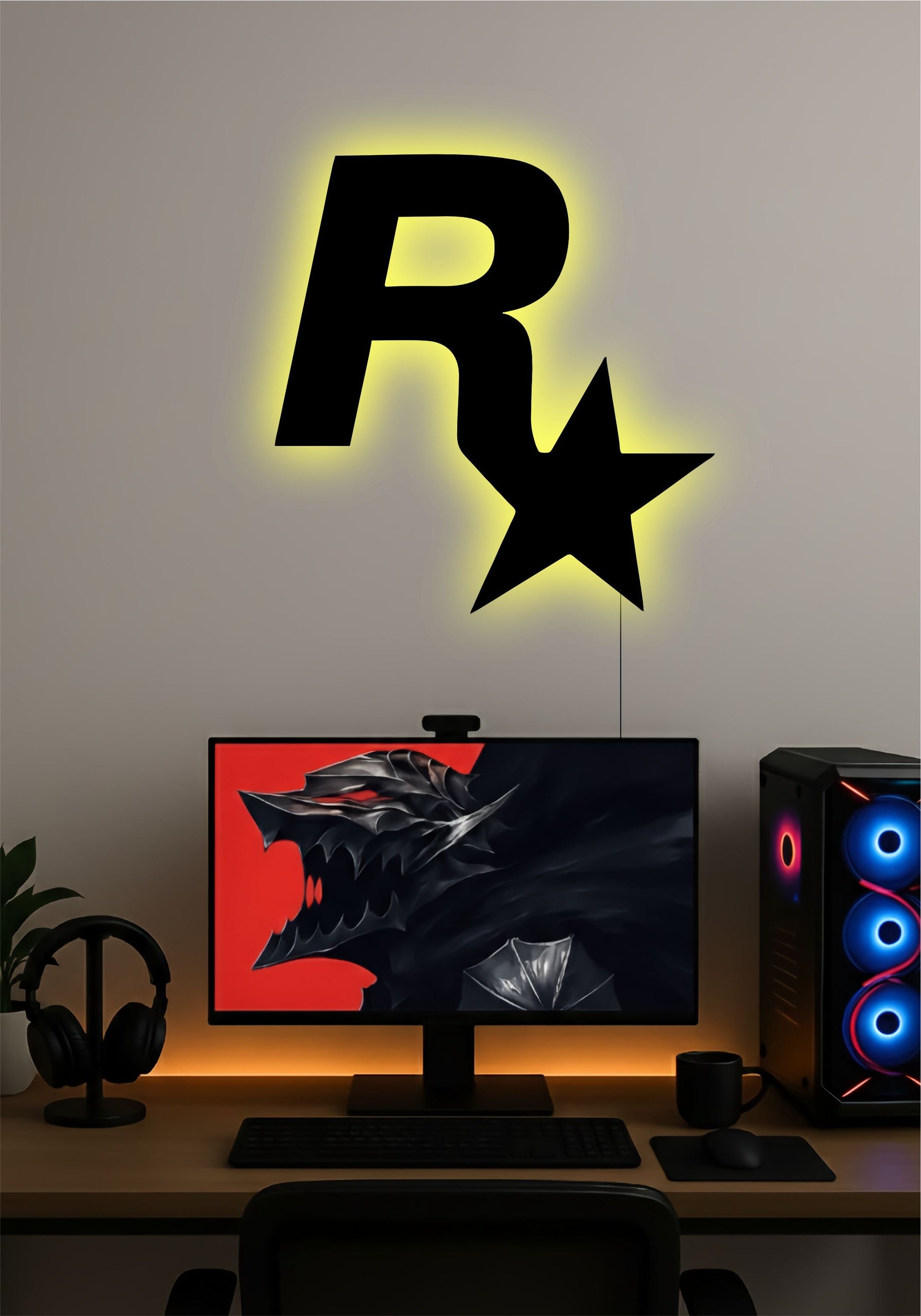 Rockstar Games Logo LED Wall Light – Gaming Setup Wall Art PITSSTOP