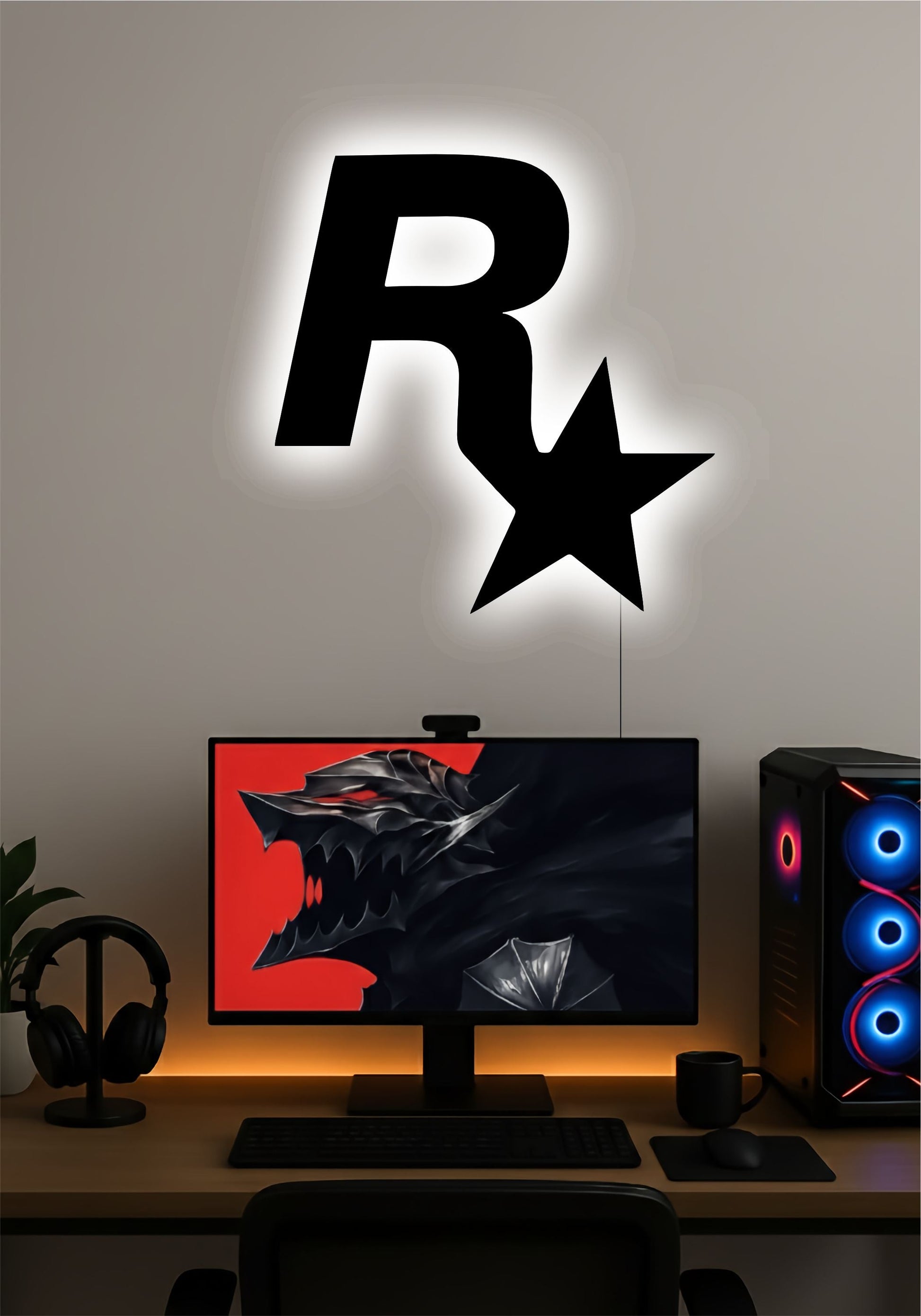 Rockstar Games Logo LED Wall Light – Gaming Setup Wall Art PITSSTOP